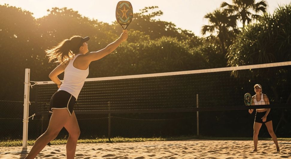 Duas mulheres jogando beach tennis em uma quadra de areia ao entardecer