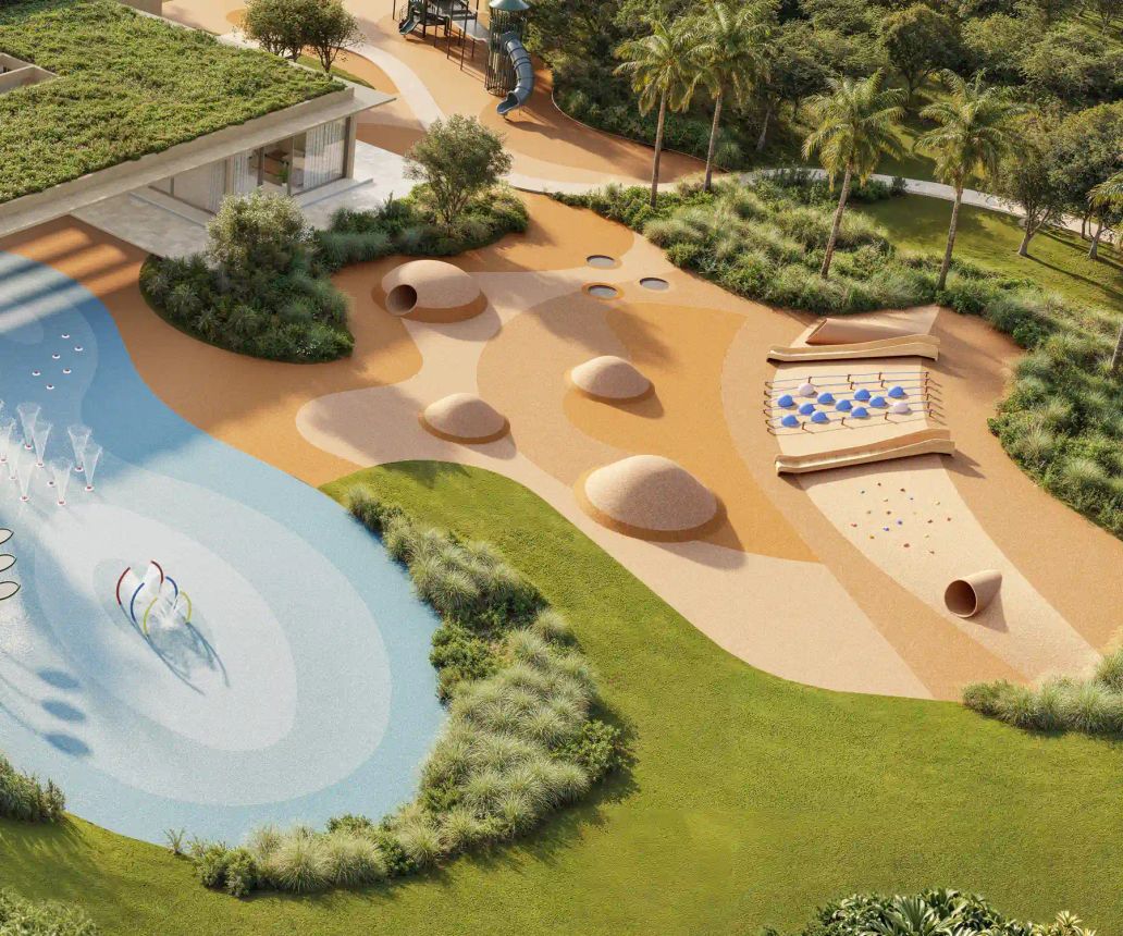 Vista aérea do centro esportivo e da área infantil, com piscina, quadras e brinquedos entre a mata