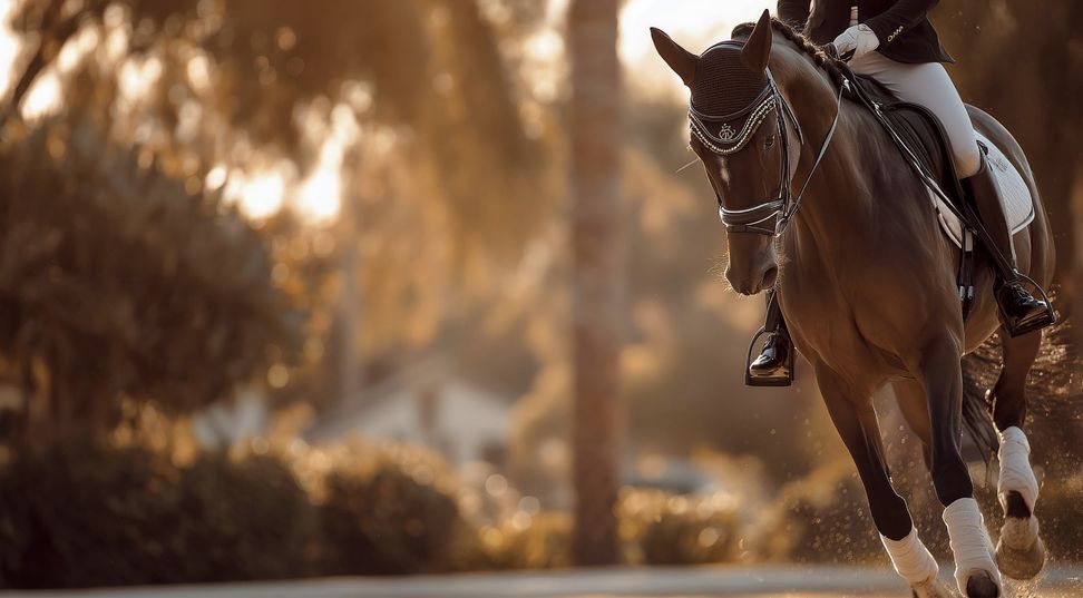 Cavaleiro montado em um cavalo baio ao entardecer, entre árvores em contraluz