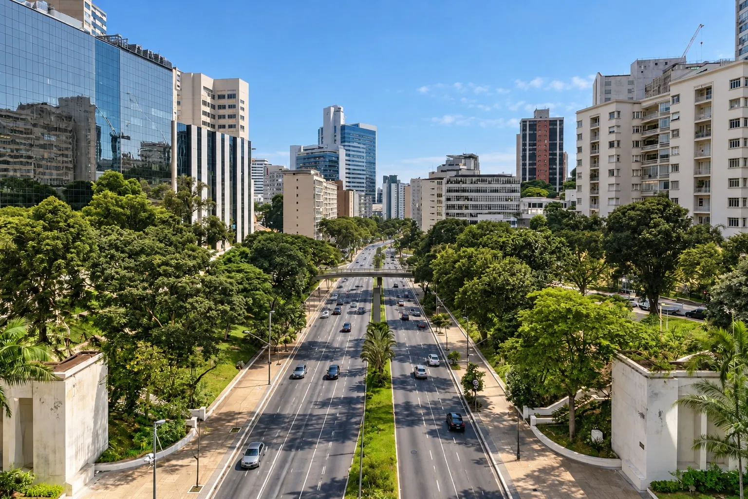 Vista desde lo alto de una avenida de doble calzada entre árboles, con una pasarela y edificios altos bajo el cielo azul