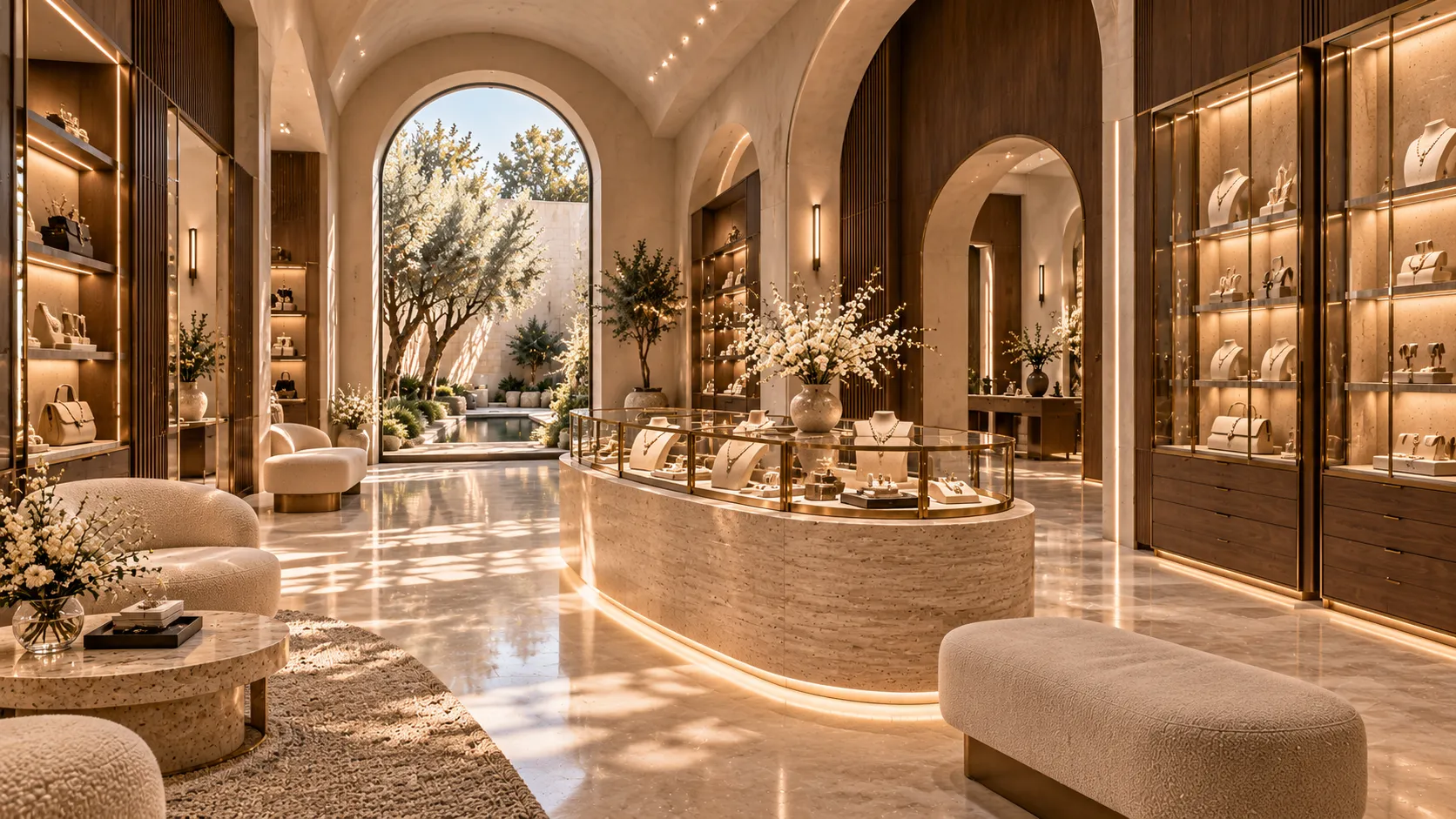 Interior de una boutique de joyas y bolsos, con vitrinas iluminadas y un arco abierto a un jardín