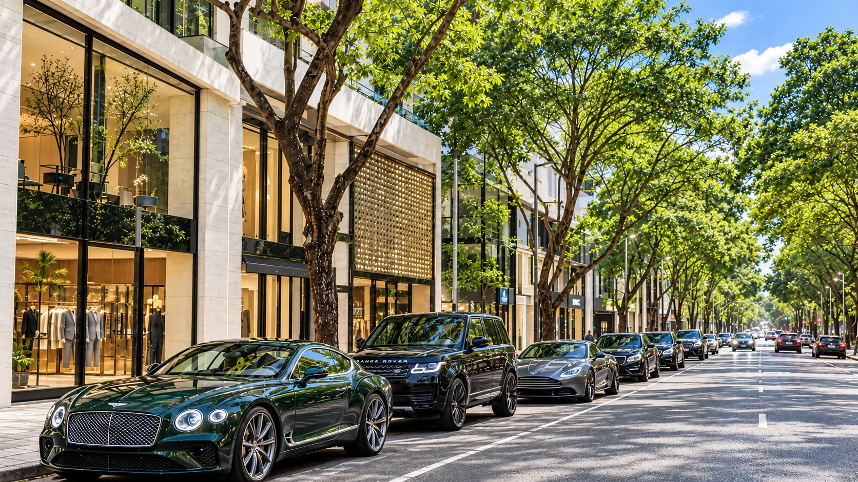 Calle arbolada con escaparates de tiendas y coches aparcados junto a la acera